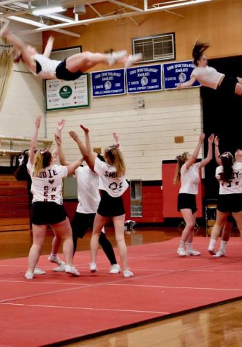 The Wolverine cheerleading team performs at Winter Carnival. PHIL DI VECE/Wiscasset Newspaper