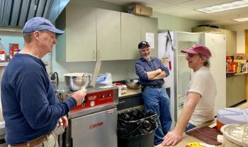 From left, Edgecomb’s Allen Hersom and Wiscasset’s Mike Huber and Jim Munson volunteer at Winterfest’s pancake breakfast Feb. 1. SUSAN JOHNS/Wiscasset Newspaper