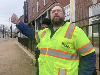 Chris Bobay of engineering firm VHB takes part in
traffic and railroad signal testing in Wiscasset Feb. 26. SUSAN JOHNS/Wiscasset Newspaper