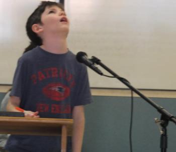 Edgecomb Eddy fourth grader Ethan Clark realizes he misspelled “ribbon” during the school’s Jan. 31 spelling bee. BILL PEARSON/Boothbay Register