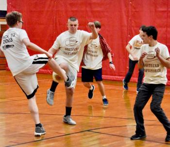 Cory Ricker, left, L.J. Travers and Chance Blagdon during a fast-paced game of indoor soccer. PHIL DI VECE/Wiscasset Newspaper