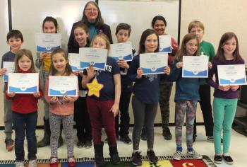 Ten Edgecomb Eddy students competed in the spelling bee. Contestants included the following: Front row: Isabel Fanslau, Fern Chapman, Corinneanne Rogers, Margaret McCarthy, Olive Tomko (runner-up), and Stella Chapman (bee champion). Back row: Ethan Clark, Morganne Phelps, Eva Whitmore, Royce Rogers, Kiara Bridges and Will Seiders. Bee Master: Nancy Rose. BILL PEARSON/Boothbay Register