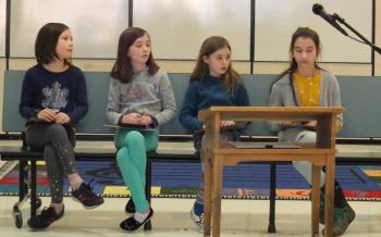 Edgecomb Eddy’s spelling bee started with 10 competitors with two from each classroom in grades 1-6. The final four were, from left, Margaret McCarthy, Stella Chapman, Olive Tomko and Morganne Phelps. BILL PEARSON/Boothbay Register