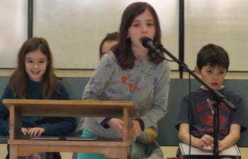 Third grader Stella Chapman won the spelling bee in Round 18 by spelling “union”and “smuggler” in the 2020 Edgecomb Eddy Spelling Bee. BILL PEARSON/Boothbay Register
