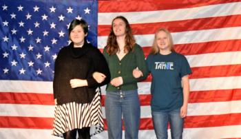 The BRHS cast of “War Letters”: Nataleigh Blackman, Grace Campbell and Journey Bennett. The troupe performs March 7 at 6 p.m. in the annual one act competition. LISA KRISTOFF/Boothbay Register