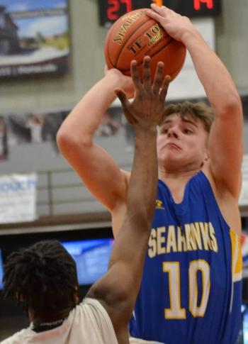 Boothbay’s Sullivan Rice connected on two long 3-pointers Feb. 20 in the Class C South semifinals versus Waynflete. KEVIN BURNHAM/Boothbay Register