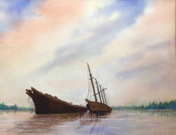 Wiscasset Schooners Hesper and Luther Little - 16” x 20” watercolor by Hilary Bartlett. Courtesy of the artist HIlary Bartlett, ME