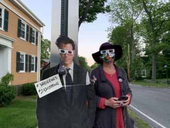 Well-wisher Liz Palmer and her flat Stephen Colbert, from the late night talk show host’s younger years. SUSAN JOHNS/Wiscasset Newspaper