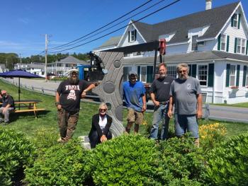 The movers and shakers, from left, Glen Rines, Patricia Royall, Robbie Campbell, Andreas von Huene, and Alman Morton, after the final installation of the day, “Galaxy” at OPI. Courtesy of Patricia Royall