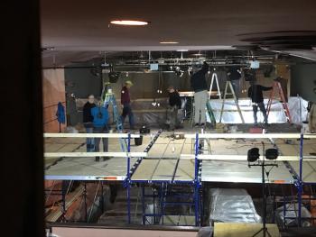 Scaffolding is in place for plaster repair and patin. Courtesy of Waldo Theater