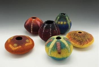 Judith Daniels’ fiber vessels are among the fiber art offerings at Markings Gallery in Bath. Courtesy photo Judith Daniels