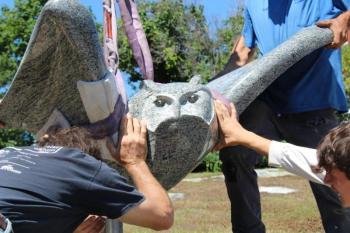 Andreas von Huene’s “Head Wind” lands at its new home on the Brick House lawn on Townsend Avenue. Sophie West photo