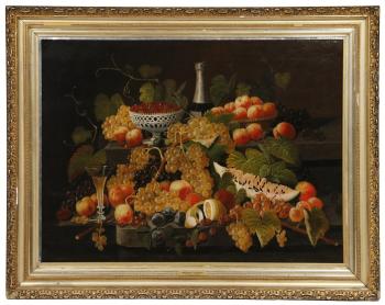 Severin Roesen’s fruit and champagne table top still life reached $46,800. Courtesy of Carol Achterhof Severin Roesen