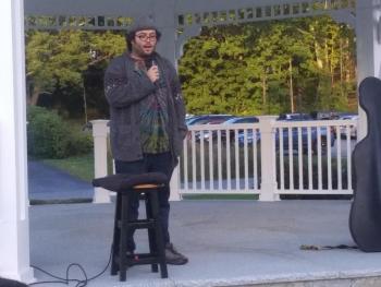 Harbor Peer & Wellness Center life coach Dylan Bredeau discusses his battle with addiction Aug. 31 during the “132 Candles” event on the Boothbay Common. BILL PEARSON/Boothbay Register