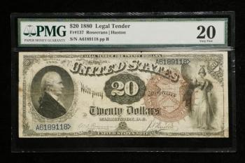 This twenty dollar bill, series 1880, signed Rosecrans and Huston is among the items in the auction on Oct. 23. Courtesy of Thomaston Place Auction Galleries