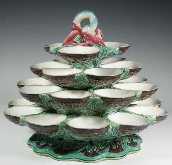 Circa 1870 Minton majolica four-tier rotating oyster server. Courtesy of Thomaston Place