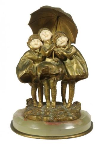 Bronze depicting three girls with umbrella by Dmitri Chiparus. Courtesy of Thomaston Place