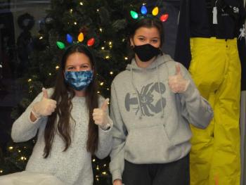 Boothbay Region High School Class of 2020 students Emerson Harris, left, and Eva Schlosser raised money by gifting wrapping merchandise purchased at Maine & Ivy during Early Bird Sale. BILL PEARSON/Boothbay Register