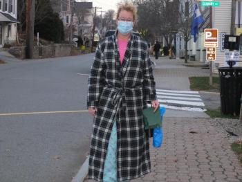 Kim Burnham of Boothbay warms her pajamas every year to shop during the annual Early Bird Shopping event. BILL PEARSON/Boothbay Register