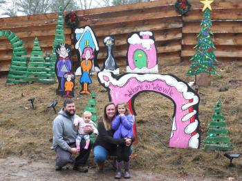 The Fuller family is celebrating Christmas with a “Whoville” display in front of their River Road home in Edgecomb. Pictured, from left, Barrett Fuller, Nora Fuller, Heidi Fuller and Audrey Fuller. BILL PEARSON/Boothbay Register