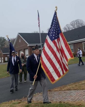 Wally Pitcher leads the procession. Behind him is Post 54 Cmdr. William Cossette Jr. SUSAN JOHNS/Wiscasset Newspaper