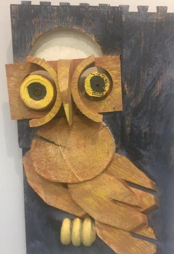 From Andre Benoit’s owl series of wooden assemblage, “He combed His Auburn Hair” Andre Benoit