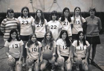 The Seahawk varsity team in 1972-73. Pictured from left are, front row, Laurie Reed, Rhonda Hodgdon, Marcia Andrews, Ann Boyd, Becky Kelley; back row: scorekeeper Wendy Page, Sherri Williams, Anne Thompson, Julie Callahan, Judy Calhoun, Crista Griffin and coach Cheryl Paulson. Boothbay Register file photo