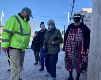 From left, Wiscasset Ordinance Review Committee Chair Karl Olson, Wiscasset Art Walk’s Lucia Droby, ORC member Donald Oyster, Lincoln County Regional Planning Commission Executive Director Mary Ellen Barnes and Appearance of the Town Committee and Friends of Wiscasset Village member Terry Heller measure and walk Main Street’s sidewalks March 29. SUSAN JOHNS/Wiscasset Newspaper