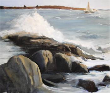 “On the Rocks - Ocean Point,” - oil on linen/board, 14” x 18” by
Cheryl Blaydon. See more of her paintings at Southport Memorial Library through June. Courtesy of the artist Cheryl Blaydon