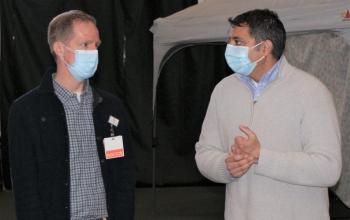 Maine CDC Director Dr. Nirav Shah, right, with LincolnHealth Associate Vice President of Medical Affairs Andrew Russ, MD, Dr. Shah made a surprise visit to the clinic on Saturday, April 10. Courtesy photo