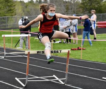 Josie Harrington, a state champion in the high jump as a freshman in 2019, attends Chop Point School in Woolwich. She returned to compete with the Wolverines this season. Her winning time in the 100-meter hurdles was 19.11 seconds. PHIL DI VECE/Wiscasset Newspaper