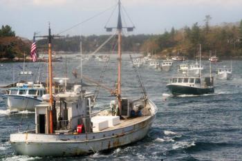 Sunday’s memorial boat parade in honor of Donald Brewer Sr brought 60 fishing vessels to Southport waters. LISA KRISTOFF/Boothbay Register