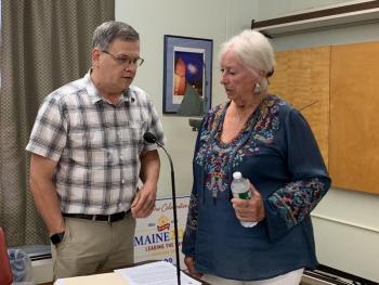 Wiscasset Town Manager Dennis Simmons and Terry Heller talk before the June 15 selectmen’s meeting, Heller’s first on the board. SUSAN JOHNS/Wiscasset Newspaper