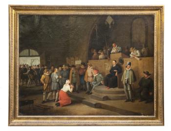 17th Century Flemish Old Master painting depicting a Court of the Inquisition trial.