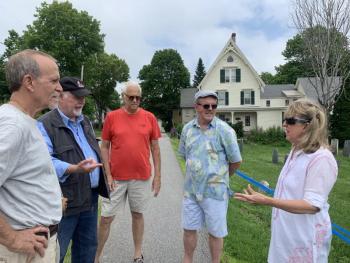 From left, Federal Street Ding-a-lings Peter Wells, Bob Bond, Ernie Gallerani, Billy Blaylock and Terri Wells meet July 15. SUSAN JOHNS/Wiscasset Newspaper