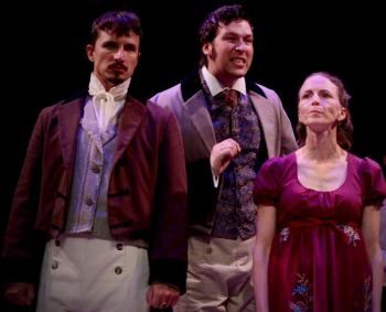 Ray Huth as Mr. Darcy, Joe Lugosch as Mr. Bingley, and Mary Boothby as Miss Bingley. Courtesy of Heartwood