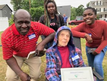 Distinguished Service award recipient Jean Perkins with family members of some of her students from her more than 20 years as a Midcoast Literacy tutor. Katie Clark photo