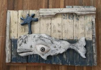“Thar She Blows,” - assemblage of recycled wood and found objects by Scrapwood Renaissance artist Eric Graffam. On display in the Hasenfus Pop-Up Studio during the WAW. Courtesy of Lucia Droby Eric Graffam