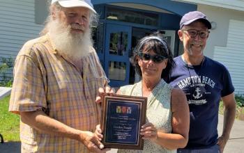 The OBD Vintage Car Show is now the OBD Williams-Fossett Vintage Car Show. Event organizer Jeff Friedman of New Harbor presents plaques to family members of late supporters Bob Williams of New Harbor and Gordon Fossett of Round Pond, pictured here, who were instrumental to the success of the vintage show over the years, and unfortunately passed away since the last one. Courtesy photo