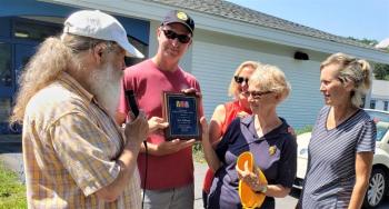 The OBD Vintage Car Show is now the OBD Williams-Fossett Vintage Car Show. Event organizer Jeff Friedman of New Harbor presents plaques to family members, pictured here, of late supporters Bob Williams of New Harbor and Gordon Fossett of Round Pond who were instrumental to the success of the vintage show over the years, and unfortunately passed away since the last one. Courtesy photo