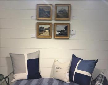 A quartet of Peter Sculthorpe paintings in a sitting area demonstrates how multiple paintings can be displayed together. LISA KRISTOFF/Boothbay Register COVE by Knickerbocker Group