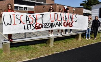Members of the WMHS class of 2025 with their spirit poster. From left are Brianna Farrin, Abby Blagdon, Bella Orr, Jordan Saylor, Makayla Bush and Olivia Warlock. PHIL DI VECE/Wiscasset Newspaper