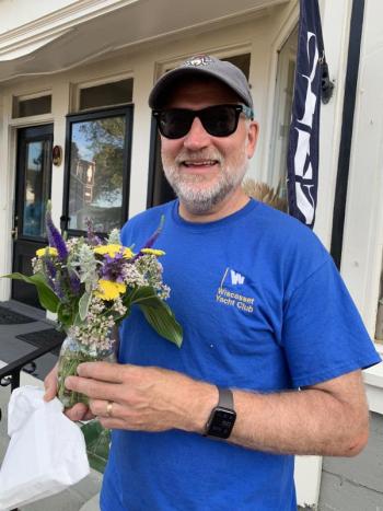 Steve Graffam got this Garden Club of Wiscasset bouquet for wife Colleen. SUSAN JOHNS/Wiscasset Newspaper