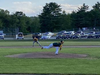 Liam Thomas Jacobs from Alna throws a fastball against Bath. Owen Cotta from Alna is covering defensively at second base. Lincoln won 5-3 against Bath on July 13. Shanon Cotta photo