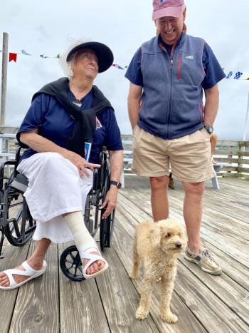 Schoonerfest Co-Admiral Terry Heller, Schoonerfest volunteer Dan Watts and fellow Schoonerfest veteran Leilani the poodle. SUSAN JOHNS/Wiscasset Newspaper