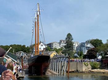 The Ernestina-Morrissey dips its keel in Boothbay Harbor waters for the first time in seven years. JOSEPH CHARPENTIER/Boothbay Register