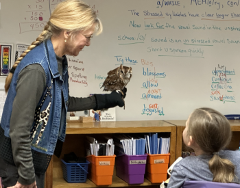 Luanne Weeks and Willow, the screech owl, at Edgecomb Eddy School. Courtesy of Laurie Brown