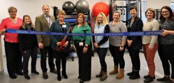 Participating in the ribbon cutting at the new Wellness and Rehabilitation Center on the Miles campus at LincolnHealth were, from left: Angelina Waltz, Chamber board, Bangor Savings Bank; Jeniffer Cooley, Chamber board, BMalori Creative; Patrick Parson, Director of Operations, LincolnHealth; Cindy Wade, President, LincolnHealth; Kelly Creamer, Director of Wellness and Rehabilitation, LincolnHealth; Lisa Hagen, Executive Director, Greater Damariscotta Chamber; Terri Herald, Chamber board, Coastal Car Wash; Christine Anderson, Chief Nursing Officer, LincolnHealth; Heather D’Ippolito, Chamber board, Lincoln Academy; Brynne Whitney, Chamber board, Bangor Savings Bank. Courtesy of LincolnHealth