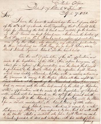 Isaac Ilsley’s full letter regarding Boothbay Harbor’s first lighthouse. Courtesy of Elaine Jones