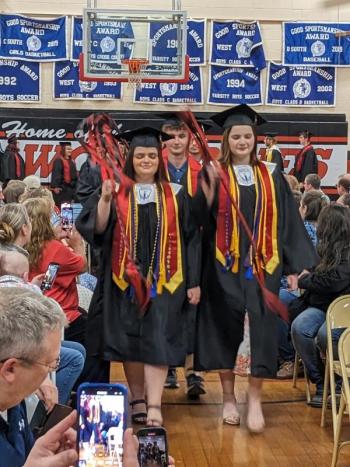 Left, Salutatorian Madison Westrich, Right, Valedictorian Carolyn Potter lead WMHS class of 2023 to graduation. CANDI JONETH/Boothbay Register